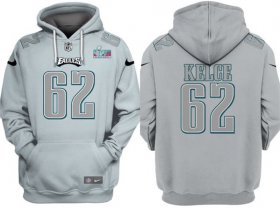 Wholesale Cheap Men\'s Philadelphia Eagles #62 Jason Kelce Gray Atmosphere Fashion Super Bowl LVII Patch Pullover Hoodie