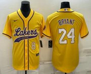 Wholesale Cheap Men's Los Angeles Lakers #8 #24 Kobe Bryant Yellow With Patch Cool Base Stitched Baseball Jersey