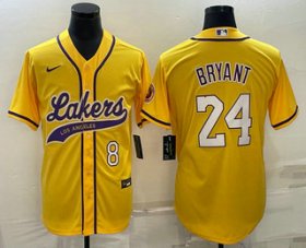 Wholesale Cheap Men\'s Los Angeles Lakers #8 #24 Kobe Bryant Yellow With Patch Cool Base Stitched Baseball Jersey
