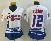 Wholesale Cheap Women's Puerto Rico Baseball #12 Francisco Lindor 2023 White World Classic Stitched Jersey