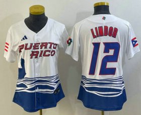 Wholesale Cheap Women\'s Puerto Rico Baseball #12 Francisco Lindor 2023 White World Classic Stitched Jersey