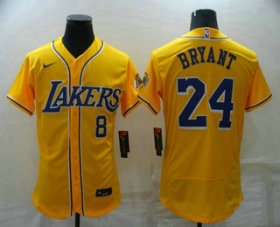 Wholesale Cheap Men\'s Los Angeles Lakers Front #8 Back #24 Kobe Bryant Yellow Cool Base Stitched Baseball Jersey