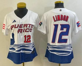 Wholesale Cheap Women\'s Puerto Rico Baseball #12 Francisco Lindor Number 2023 White World Classic Stitched Jerseys