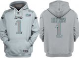 Wholesale Cheap Men's Philadelphia Eagles #1 Jalen Hurts Gray Atmosphere Fashion Super Bowl LVII Patch Pullover Hoodie