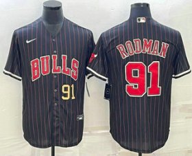 Wholesale Cheap Men\'s Chicago Bulls #91 Dennis Rodman Number Black With Patch Cool Base Stitched Baseball Jersey