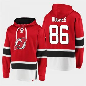 Wholesale Cheap Men\'s New Jersey Devils #86 Jack Hughes Red Ageless Must-Have Lace-Up Pullover Hoodie