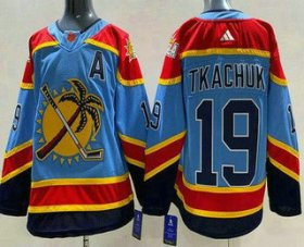 Wholesale Cheap Men\'s Florida Panthers #19 Matthew Tkachuk Blue 2022 Reverse Retro Authentic Jersey
