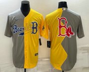Wholesale Cheap Men's Boston Red Sox Big Logo Grey Yellow Split Cool Base Stitched Jersey