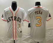 Wholesale Cheap Men's Houston Astros #3 Jeremy Pena 2023 White Gold World Serise Champions Patch Cool Base Stitched Jersey1