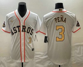 Wholesale Cheap Men\'s Houston Astros #3 Jeremy Pena 2023 White Gold World Serise Champions Patch Cool Base Stitched Jersey1