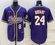 Wholesale Cheap Men's Los Angeles Lakers #8 #24 Kobe Bryant Number Purple With Patch Cool Base Stitched Baseball Jersey