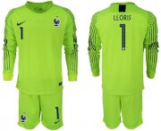 Wholesale Cheap France #1 Lloris Shiny Green Goalkeeper Long Sleeves Soccer Country Jersey