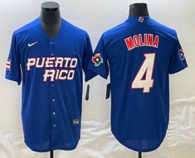 Wholesale Cheap Men\'s Puerto Rico Baseball #4 Yadier Molina 2023 Blue World Baseball Classic Stitched Jerseys