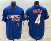 Wholesale Cheap Men's Puerto Rico Baseball #4 Yadier Molina 2023 Blue World Baseball Classic Stitched Jersey