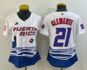 Wholesale Cheap Women's Puerto Rico Baseball #21 Roberto Clemente 2023 White World Classic Stitched Jersey