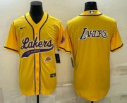 Wholesale Cheap Mens Los Angeles Lakers Yellow Big Logo With Patch Cool Base Stitched Baseball Jersey