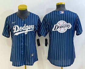 Wholesale Cheap Women\'s Los Angeles Dodgers Big Logo Navy Blue Pinstripe Stitched MLB Cool Base Nike Jersey