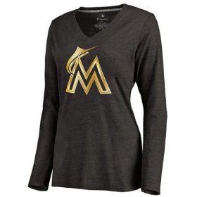 Wholesale Cheap Women\'s Miami Marlins Gold Collection Long Sleeve V-Neck Tri-Blend T-Shirt Black