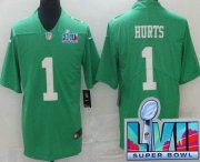 Wholesale Cheap Men's Philadelphia Eagles #1 Jalen Hurts Limited Green Rush Super Bowl LVII Vapor Jersey