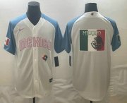 Wholesale Cheap Men's Mexico Baseball 2023 White Blue World Big Logo Classic Stitched Jerseys