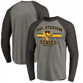 Wholesale Cheap Men\'s Pittsburgh Penguins Heather Gray Black 2019 Stadium Series Vintage Raglan Long Sleeve T-Shirt