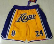 Wholesale Cheap Men's Los Angeles Lakers #8 #24 Kobe Bryant Yellow With Purple Number Just Don Swingman Throwback Shorts