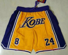 Wholesale Cheap Men\'s Los Angeles Lakers #8 #24 Kobe Bryant Yellow With Purple Number Just Don Swingman Throwback Shorts