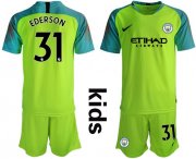Wholesale Cheap Manchester City #31 Ederson Shiny Green Goalkeeper Kid Soccer Club Jersey