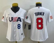 Wholesale Cheap Womens USA Baseball #8 Trea Turner Number 2023 White World Classic Stitched Jersey