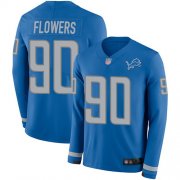 Wholesale Cheap Nike Lions #90 Trey Flowers Blue Team Color Men's Stitched NFL Limited Therma Long Sleeve Jersey