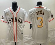 Wholesale Cheap Men's Houston Astros #3 Jeremy Pena 2023 White Gold World Serise Champions Patch Cool Base Stitched Jersey