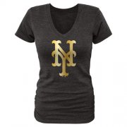 Wholesale Cheap Women's New York Mets Fanatics Apparel Gold Collection V-Neck Tri-Blend T-Shirt Black