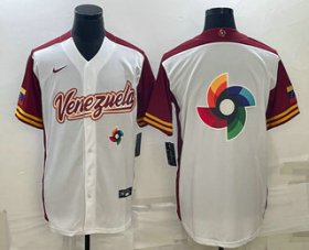 Wholesale Cheap Men\'s Venezuela Baseball 2023 White World Big Logo With Patch Classic Stitched Jersey