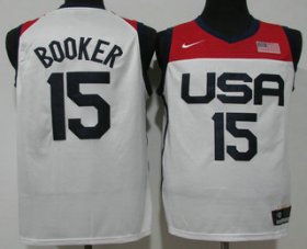 Wholesale Cheap Men\'s USA Basketball #15 Devin Booker 2021 White Olympics Stitched Home Jersey