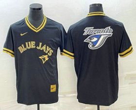 Wholesale Cheap Men\'s Toronto Blue Jays Big Logo Black Gold Nike Cooperstown Legend V Neck Jersey
