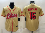 Wholesale Cheap Men's San Francisco 49ers #16 Joe Montana Gold Color Rush With Patch Cool Base Stitched Baseball Jersey