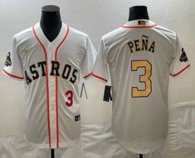 Wholesale Cheap Men\'s Houston Astros #3 Jeremy Pena 2023 White Gold World Serise Champions Patch Cool Base Stitched Jerseys