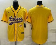 Wholesale Cheap Men's Los Angeles Lakers Blank Yellow With Patch Cool Base Stitched Baseball Jersey