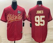 Wholesale Cheap Men's Kansas City Chiefs #95 Chris Jones Red Pinstripe With Super Bowl LVII Patch Cool Base Stitched Baseball Jersey