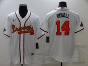 Wholesale Cheap Men's Atlanta Braves #14 Adam Duvall 2022 White Gold World Series Champions Program Cool Base Stitched Jersey