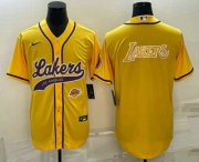 Wholesale Cheap Men's Los Angeles Lakers Yellow Big Logo With Patch Cool Base Stitched Baseball Jerseys