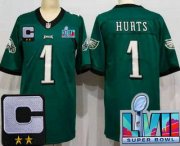 Wholesale Cheap Men's Philadelphia Eagles #1 Jalen Hurts Limited Green C Patch Super Bowl LVII Vapor Jersey