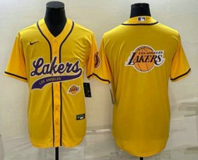 Wholesale Cheap Men\'s Los Angeles Lakers Yellow Team Big Logo With Patch Cool Base Stitched Baseball Jersey