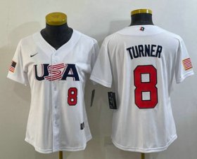 Wholesale Cheap Women\'s USA Baseball #8 Trea Turner Number 2023 White World Classic Stitched Jerseys