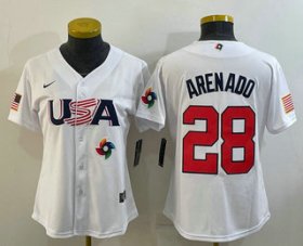 Wholesale Cheap Women\'s USA Baseball #28 Nolan Arenado 2023 White World Classic Replica Stitched Jersey
