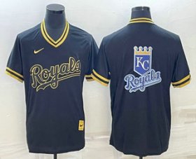 Wholesale Cheap Men\'s Kansas City Royals Big Logo Black Gold Nike Cooperstown Legend V Neck Jerseys
