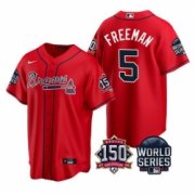 Wholesale Cheap Men Atlanta Braves 5 Freddie Freeman 2021 Red World Series With 150th Anniversary Patch Cool Base Stitched Jersey