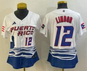 Wholesale Cheap Women's Puerto Rico Baseball #12 Francisco Lindor Number 2023 White World Classic Stitched Jersey