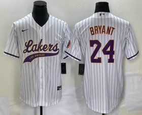 Wholesale Cheap Men\'s Los Angeles Lakers #24 Kobe Bryant White Pinstripe With Patch Cool Base Stitched Baseball Jersey1