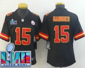 Wholesale Cheap Women\'s Kansas City Chiefs #15 Patrick Mahomes Limited Black Super Bowl LVII Vapor Jersey